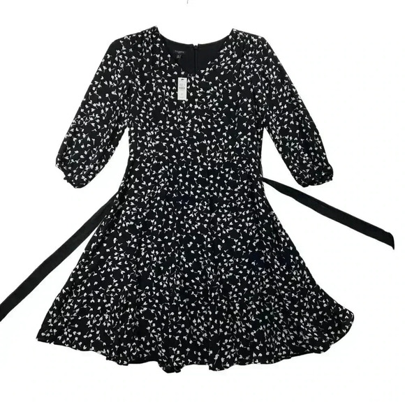 Talbots Black MIDI Dress SZ 8 Long Sleeve White Print Fit Flare Silhouette Flowy - Picture 10 of 16